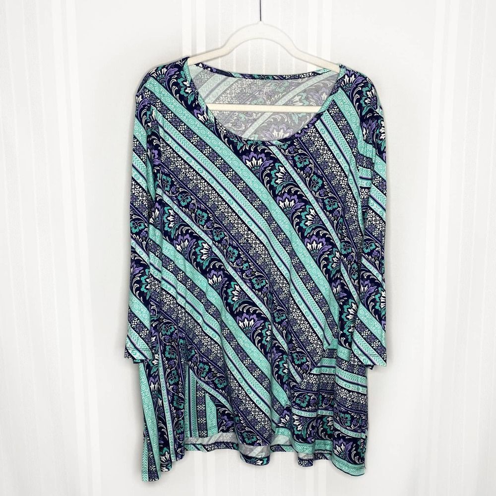 Kim Rogers Long Sleeve Striped Floral Pullover Blouse Size 1X Purple Blue Fall